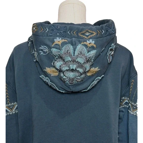 Driftwood Blue Teddy Rose Patchwork Embroidered Hooded Zip Sweatshirt Large - Picture 5 of 8